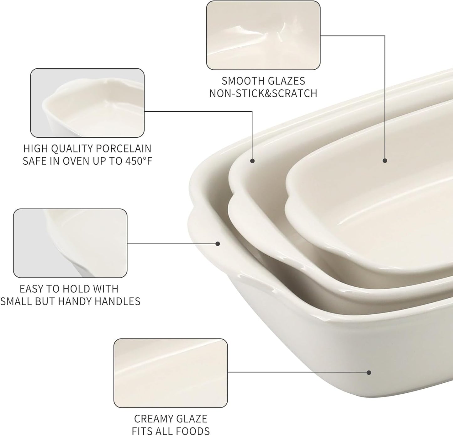 3-Pack Ceramic Baking Dishes Set,Heavy-Duty Oven-Safe Stoneware,Deep Rectangular Casserole Pans for Lasagna & Baking,High Heat Resistant,Handcrafted Glazed Finish (13.8''/12''/9.6'' Pure Off-White)