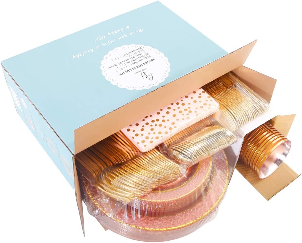 Nervure 175PCS Pink and Gold Plastic Plates - Pink Disposable Plates : 25 Dinner Plate,25 Dessert Plate, 25 Forks,25 Knives, 25 Spoons, 25 Cups,25 Napkins for Wedding & Party
