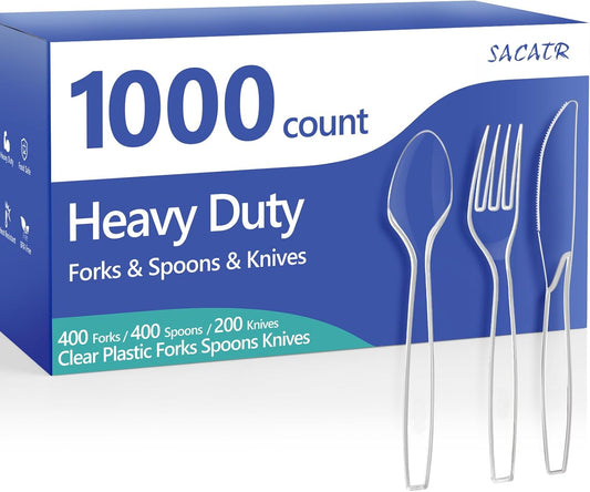 SACATR 1000 Count Plastic Silverware Heavy Duty - 400 Forks, 400 Spoons, 200 Disposable Knives, BPA-Free, Disposable Plastic Cutlery Set, Plasticware Suitable for Party Everyday Use ﻿