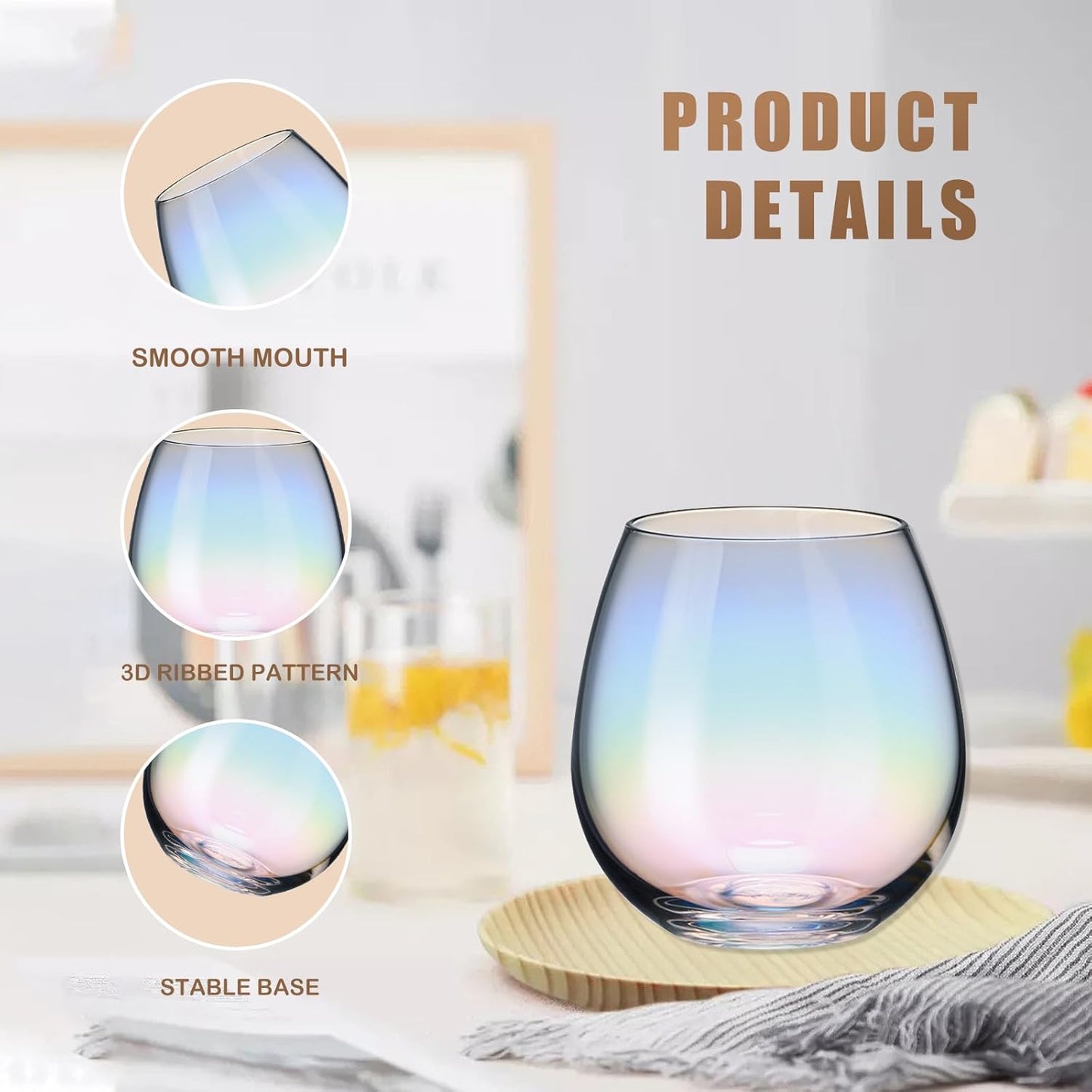 CUKBLESS Stemless Wine Glasses Set of 6, Iridescent Wine Glass for Red or White Wine, 15 oz, for Birthdays,weddings,Anniversaries