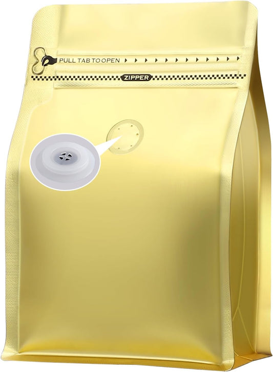 REMTAP Coffee Bags with Valve(50pcs,8oz) Golden High Barrier Aluminumed Foil Flat Bottom Standing Coffee Beans Storage Bags,Reusable Heat Sealable Side Zipper Pouches for Home or Store