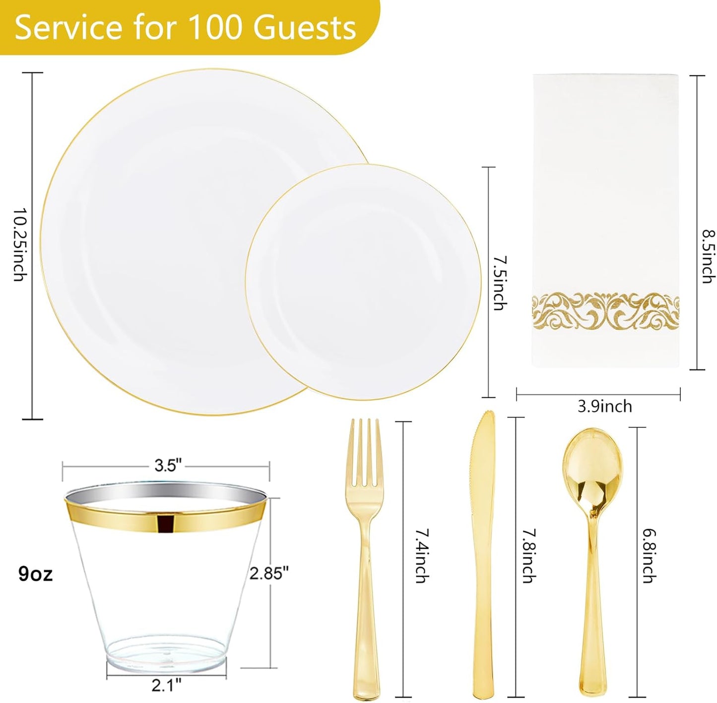 NOCCUR 350PCS Gold Disposable Dinnerware Set for 50 Guests - White and Gold Plastic Plates Include 50 Dinner/Dessert Plates, 150 Silverware and 50 Napkins/Cups Ideal for Fall Party&Thanksgiving