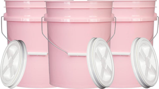 House Naturals 5 Gallon Pink Food Grade Plastic Storage Bucket with Lid Cover (Pack of 3) Made in USA (with White Screw On Air Tight Lids)