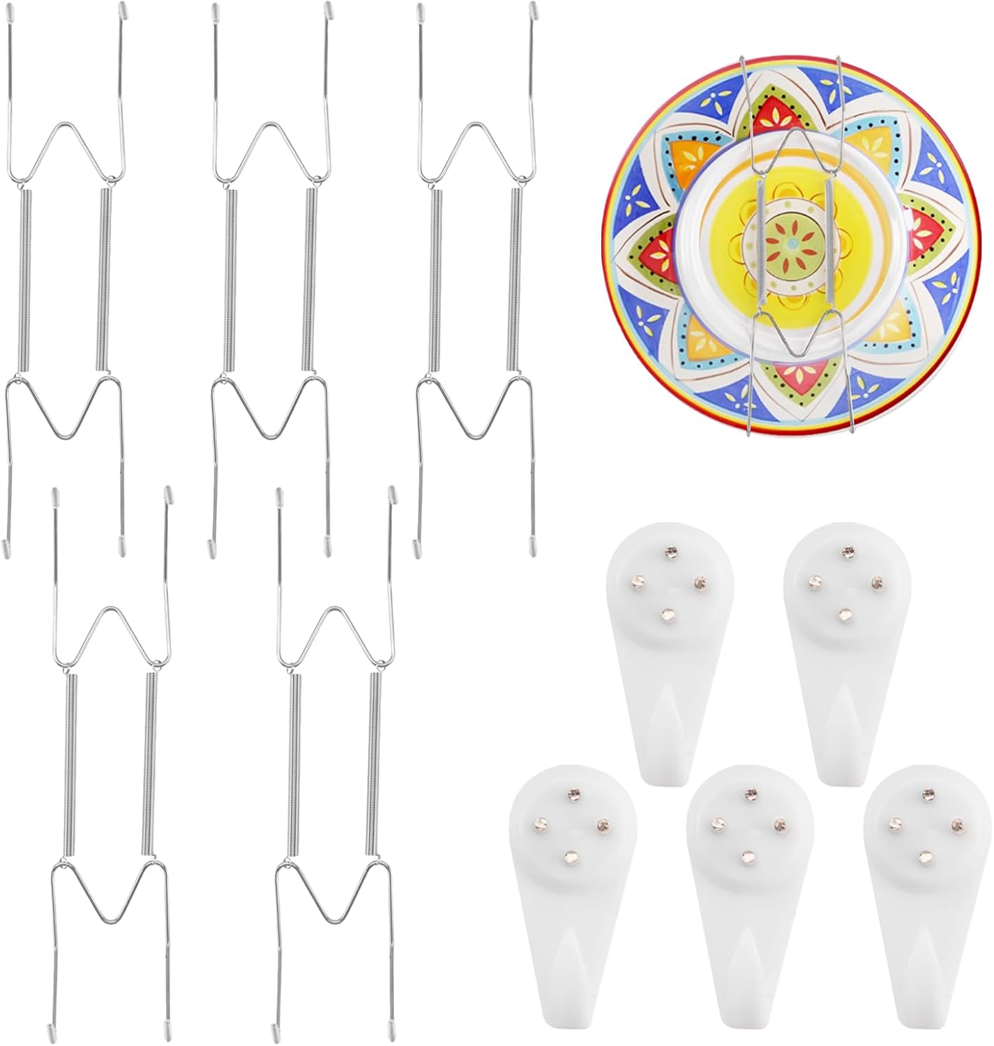 5 Pack Plate Hangers for The Wall Suitable for 10-14 inch Small Decorative Plate, Invisible Stainless Steel Plate Hangers for Display with Wall Hooks, for Plates/Platter/Dish/Picture(Silver)