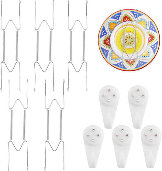 5 Pack Plate Hangers for The Wall Suitable for 10-14 inch Small Decorative Plate, Invisible Stainless Steel Plate Hangers for Display with Wall Hooks, for Plates/Platter/Dish/Picture(Silver)