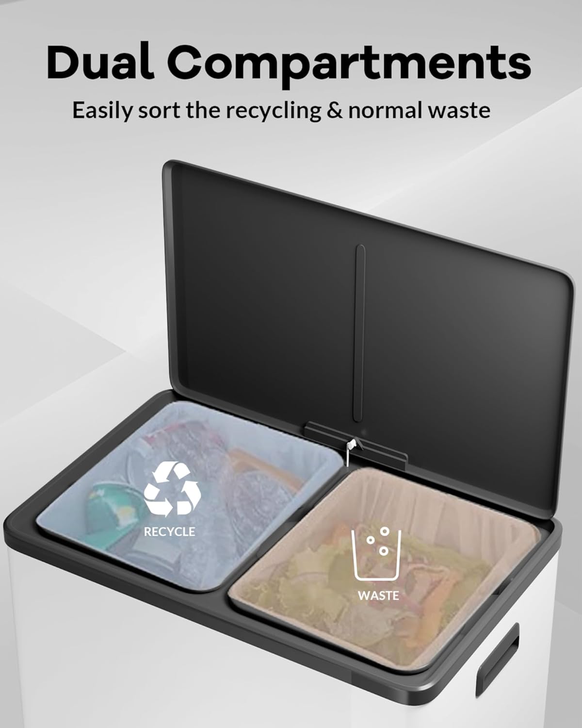 Garvee Dual Trash Can for Recycling and Trash, Stainless Steel Kitchen Trash Can with Lid and Foot Pedal, Double Compartment Garbage Can, with Recycling Bin