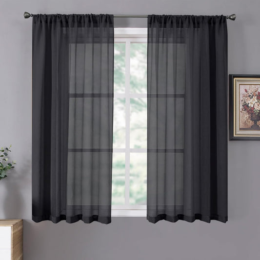 Tollpiz Short Sheer Curtains Living Room Linen Textured Curtain Sheers Light Filtering Voile Rod Pocket Curtains for Bedroom, 38 x 45 inches Long, Black, Set of 2 Panels