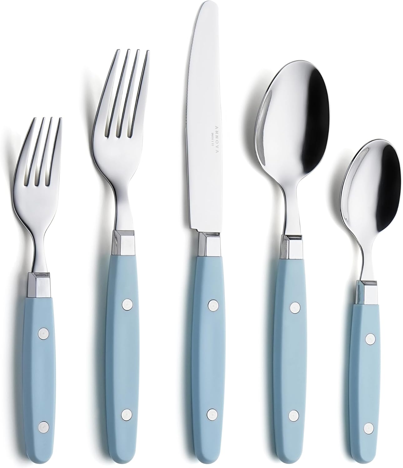 ANNOVA Silverware Set, Retro/Rivet Colorful Stainless Steel Tableware Kitchen Flatware Set Utensils, Includes Dinner Knives, Forks, Spoons, Salad Forks & Dessert Spoons (Sky Blue, 20 Pieces)
