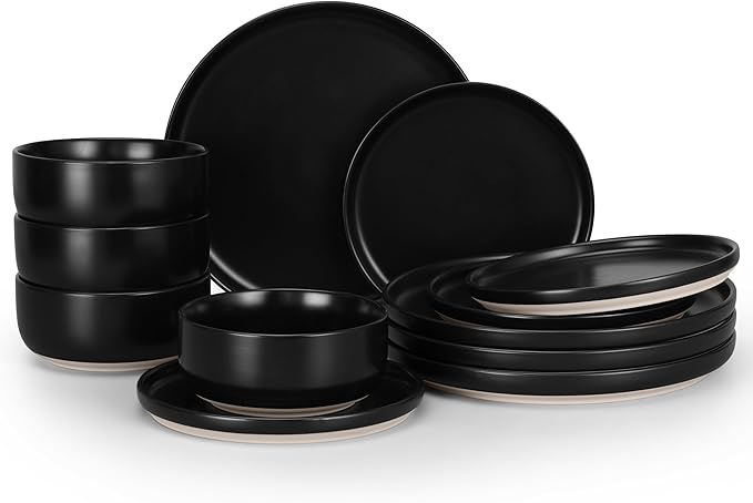 HaWare Stoneware Dinnerware Sets, 12-Piece Plates and Bowls Set for 4, Dishes Set for Home Restaurant, Frosting Black