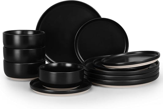 HaWare Stoneware Dinnerware Sets, 12-Piece Plates and Bowls Set for 4, Dishes Set for Home Restaurant, Frosting Black