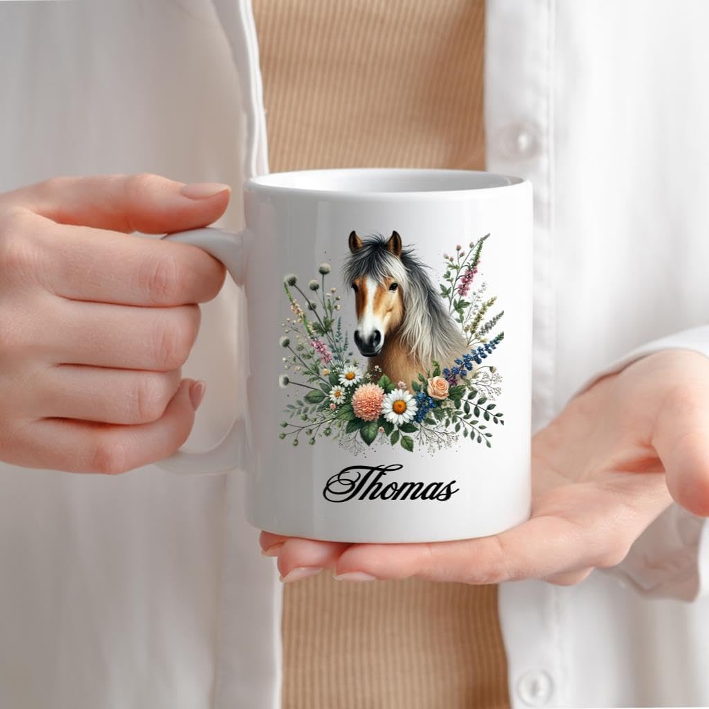 Horse Lover’s Custom Ceramic Mug 11oz 15oz - Personalized Name Animal Coffee Cup with Floral Horse Art - Unique Equestrian Coffee and Tea Cup