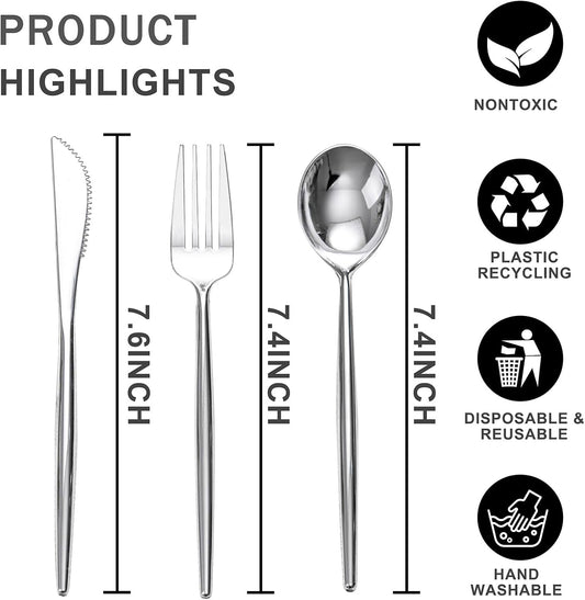 Rubtlamp 90Pcs Silver Plastic Silverware, Silver Plastic Utensils, Plastic Cutlery Include 30 Knives, 30 Forks and 30 Spoons, Silverware Heavy Duty For Party, Wedding