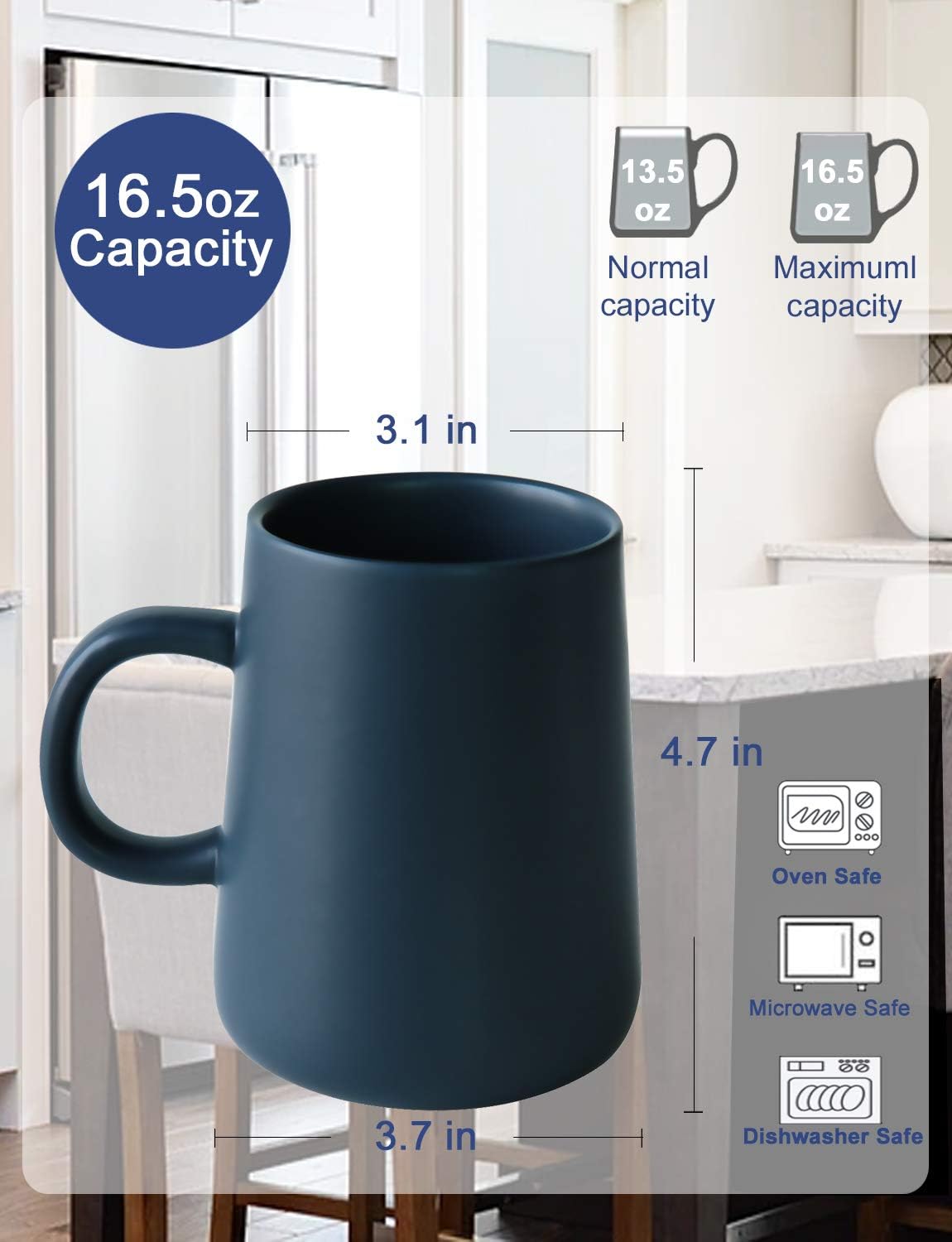 Coffee Mug, Matte Ceramic Coffee Cup, Both Hot & Cold Beverage Tea Cup for Office & Home, Suitable for Dishwasher & Microwave & Oven, 16.5 oz (Royal Blue)