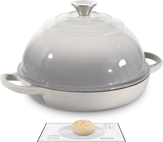 Davivy 5.5QT Cast Iron Dutch Oven with Silicone Baking Mat, 10" Round Bread Dutch Oven, Sourdough Bread Baking Pan, Enameled Cast Iron Bread Oven - Light Grey