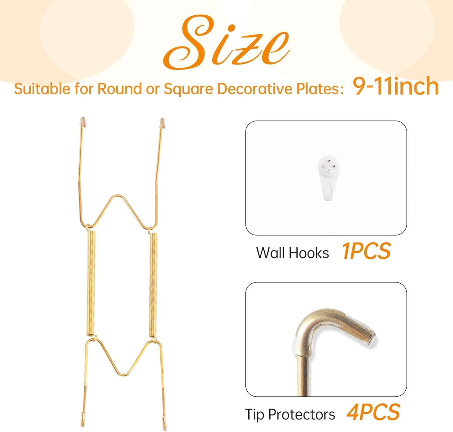 Plate Hangers for The Wall, Suitable for 9-11 inch Decorative Plate, Stainless Steel Wire Plate Holder with Wall Hooks and Rubber tip Protectors, Plate Hangers for Displaying Plates, Platter, Gold