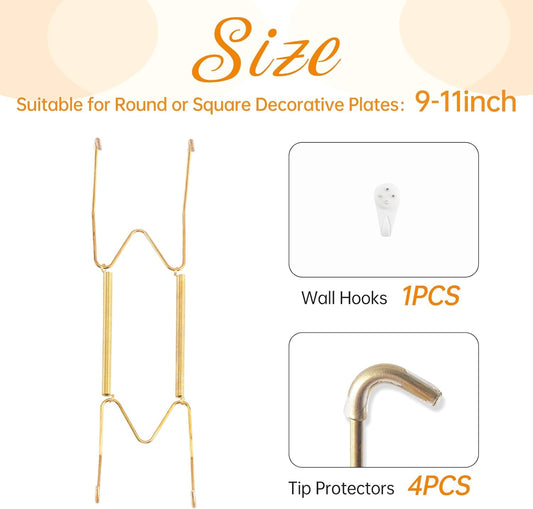 Plate Hangers for The Wall, Suitable for 9-11 inch Decorative Plate, Stainless Steel Wire Plate Holder with Wall Hooks and Rubber tip Protectors, Plate Hangers for Displaying Plates, Platter, Gold