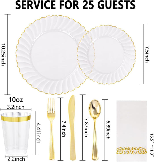 YOUBET 175PCS Gold Scalloped Plastic Plates - Clear and Gold Disposable Dinnerware Set Include 50 Plates, 75 Gold Silverware, 25 Cups, 25 Napkins for Party & Wedding & Thanksgiving