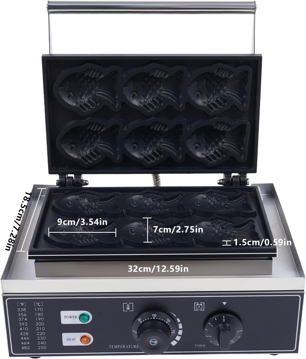 1550W Taiyaki Fish Waffle Maker, 6 Mold Mini Fish-Shaped Waffle Making Machine, Commercial Non-Stick Japanese Taiyaki Waffles Iron, 122-572℉ Adjustable for Making 6 Mini Closed-Mouth Fish waffles