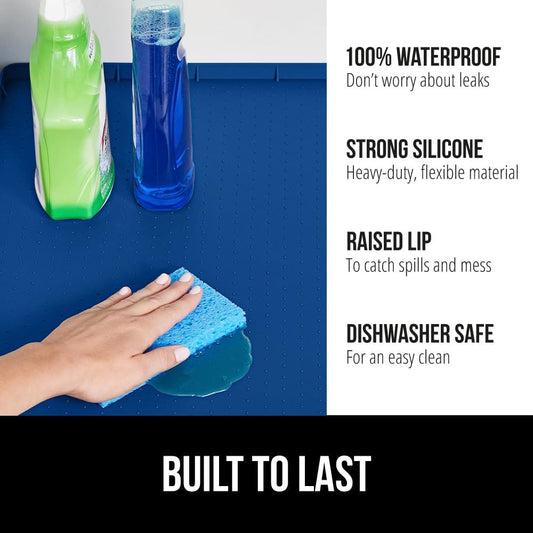 GORILLA GRIP Waterproof Silicone Under Sink Mat with Raised Lip for Kitchen and Bathroom, 46 x 22 in, Cabinet Shelf Liner Stay in Place Mats Dishwasher Safe Drawer Liner, Organizer Tray, Blue