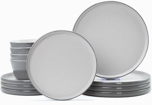Melamine Dinnerware Sets, Dishware Sets for 4, 12 Pcs Plate and Bowl Set with Lipped Edges, Lightweight Dish Set for Camping,Dishwasher Safe,Good for Housewarming(Light Grey,White)
