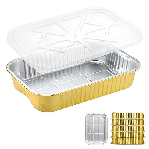13"x 8.9" 7.5LB Sturdy Aluminum Foil Pans with Lids and Handle (5 Pack), 2X Thicker Heavy Duty, Dishwasher, Reusable Microwavable for Cooking, Baking, Reheating, Freezer, Oven, Recyclable