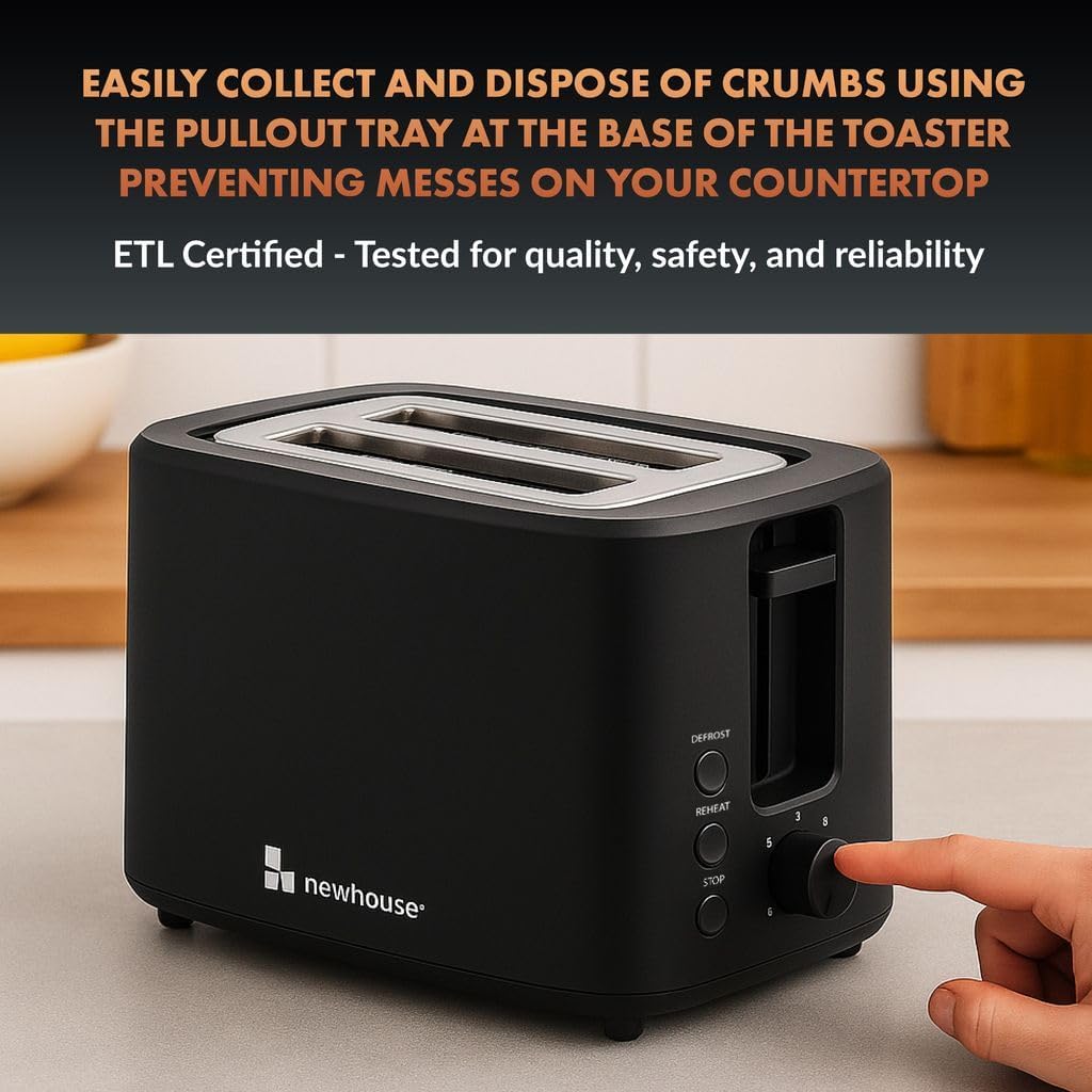 Newhouse 700W Black 2-Slice Toaster with Auto Pop-up and Auto Shut-off NHT-001-BLK, Cool-to-Touch Kitchen Appliance and Apartment Essential, Kitchen Countertop Staple for the Modern Home