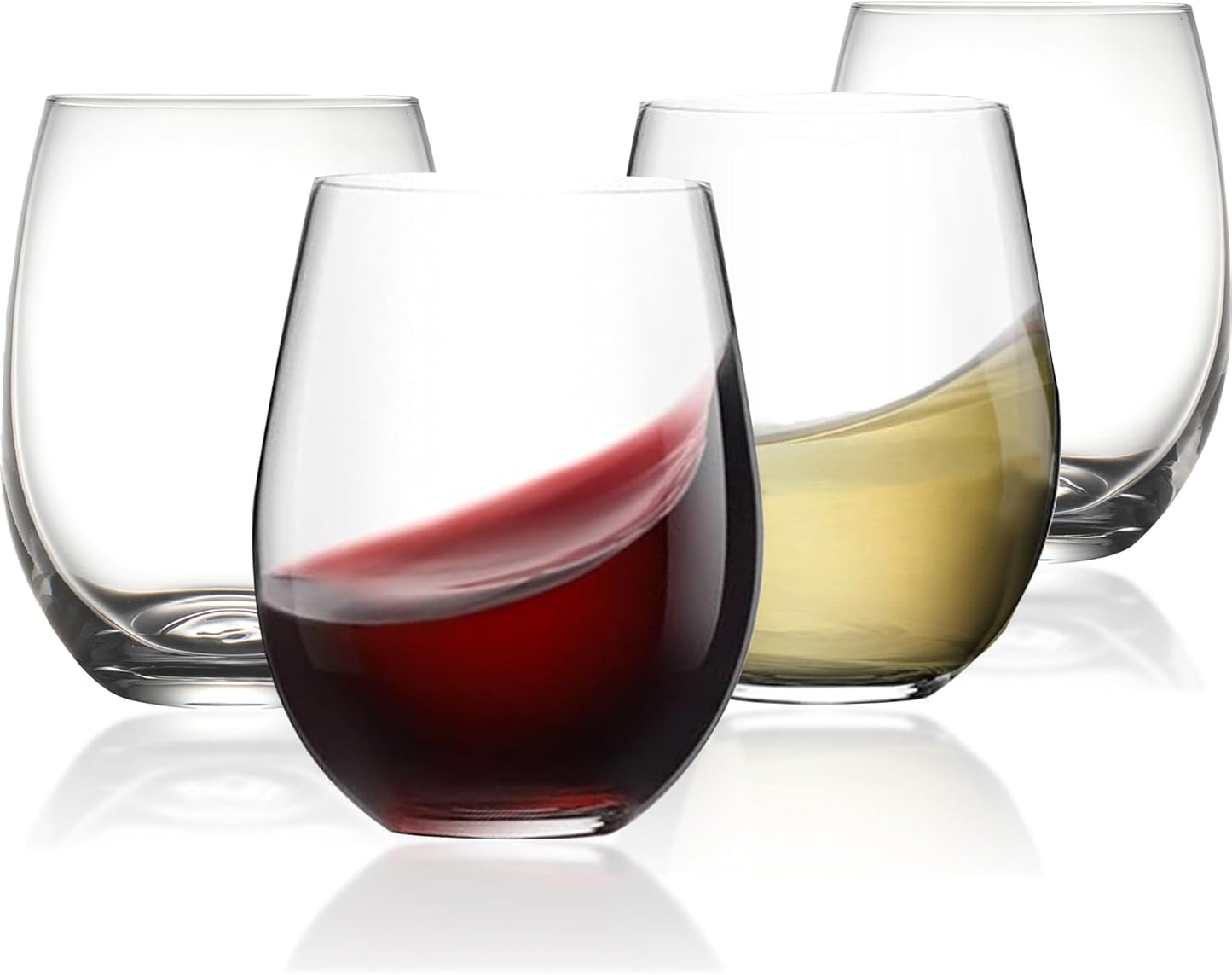 Stemless Wine Glass, Red & White 15oz Stemless Wine Glass Set of 4, Drink Glasses with Durable Chip Resistant Rim, Large Wine Glasses for Enhanced Aeration, Wine Accessories for Parties (15oz - 4Pack)