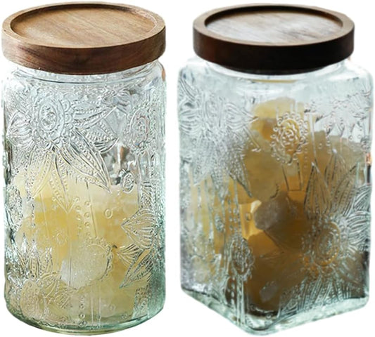 ANSQU Vintage Glass Storage Jar, Glass Canister Storage Jar Container with Airtight Wooden Lid for Kitchen Counter, Pantry, Coffee, Tea, Sugar, Cookie Jars (Round&Square-Sunflower)