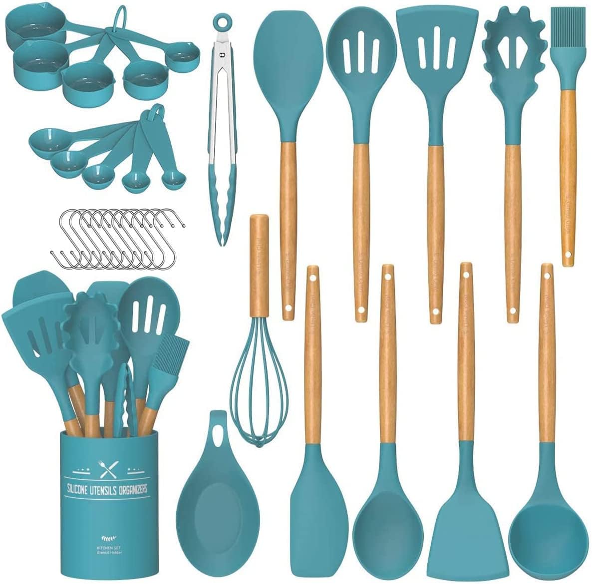 Umite Chef Kitchen Cooking Utensils Set, 33 pcs Non-stick Silicone Utensils Spatula Set with Holder, Silicone Kitchen Gadgets Utensil Set(Dark Blue)