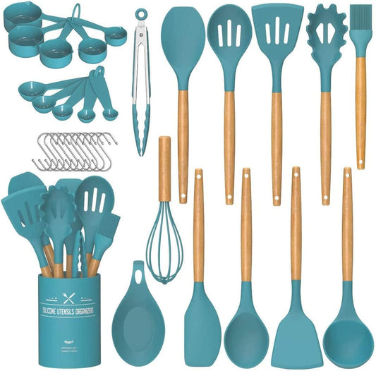 Umite Chef Kitchen Cooking Utensils Set, 33 pcs Non-stick Silicone Utensils Spatula Set with Holder, Silicone Kitchen Gadgets Utensil Set(Dark Blue)