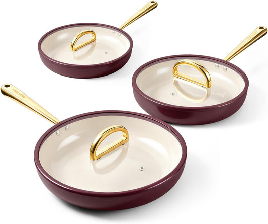 ROYDX Titanium Ceramic Nonstick Fry Pan Set 8", 10" and 12" Frying Pan Skillet Set with Glass Lids-Non Toxic, PTFE & PFOA Free - Oven Dishwasher Safe & Compatible with All Stovetops-Walnut Brown