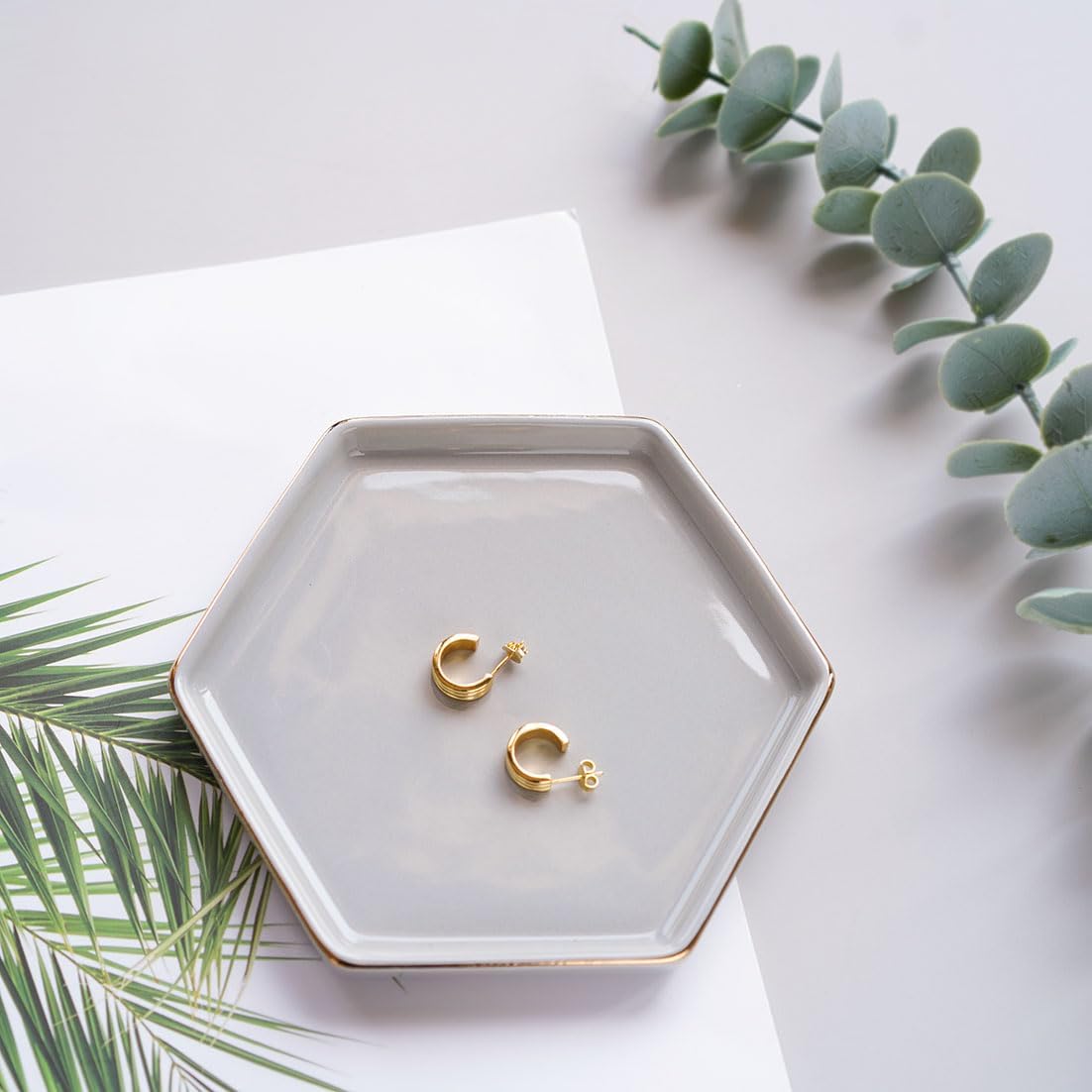 4.7 inch Ceramic Jewelry Dish Tray, Small Ring Holder Dish, Gray Catch All Trinket Tray for Keys Rings Earrings