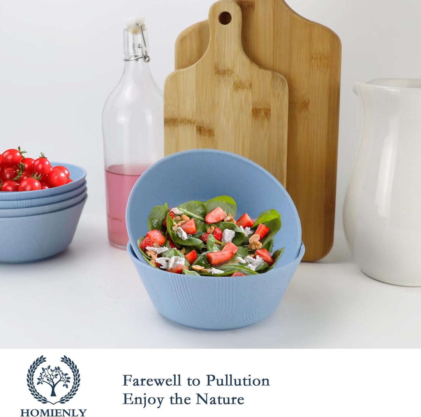 Homienly Alternatives Plastic Bowls - 36oz Cereal & Soup Bowls, Set of 6, Microwave & Dishwasher Safe, Sky Blue