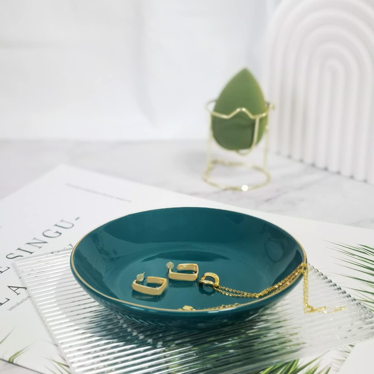 4.75" Ceramic Jewelry Tray, Small Ring Dish Holder Trinket Tray, Catch All Trays for Ring Earring Necklace Key, Christmas Gifts for Women Girls, Green