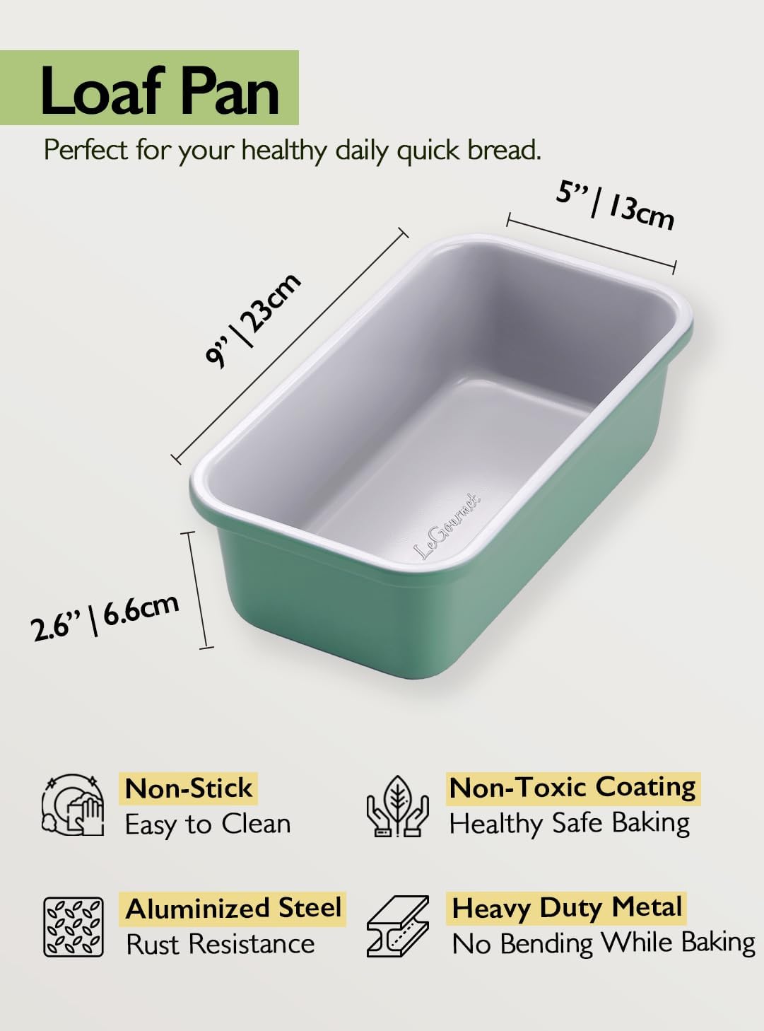 LeGourmet Nonstick Bread Loaf Pan 9 X 5 Inch, Ceramic Coating, Non-Toxic, Rust Resistant Aluminized Steel, Perfect 1 lb Baking Dish for Meatloaf, Pound Cake & Brownie (Rosemary 2pcs)
