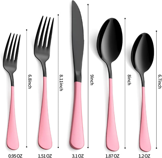 20-Pieces Blac and Pink Silverware Sets for 4,Pink Handle Stainless Steel Cutlery Set, Include Forks Spoons and Knives Set, Dishwasher Safe Utensil Sets for Home Restaurant