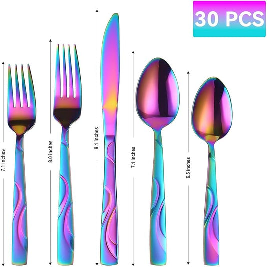 Rainbow Stainless Steel Flatware Set for 6, Ergonomic Silverware Set with Fork Spoon Knife, 30-piece Colorful Cutlery Tableware Set - Dishwasher Safe