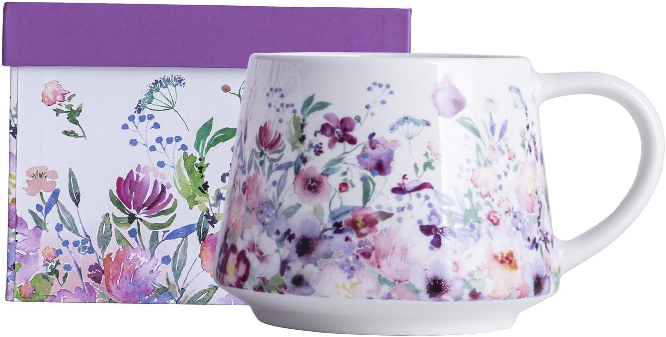 Topadorn Ceramic Coffee Mug 12Oz, Porcelain Coffee Cups With Handle, Microwave & Dishwasher Safe, Pink Flower Art Mug