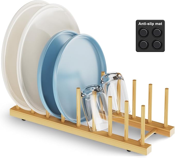 Bamboo Dish Drying Rack for Kitchen Organizer-Sturdy Plate Rack Organizer with Natural Bamboo,Dish Rack Holds Plates, Bowls, Cups & Cutting Boards-Dish Drying Rack for Countertop & Cabinets
