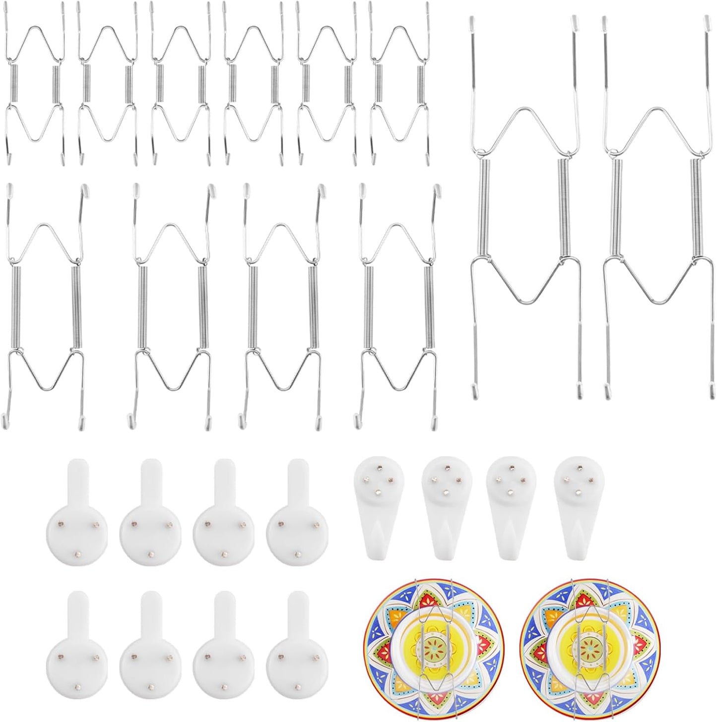 12 Pack 4/6/8 Inch Decorative Plate Medium Plate Hangers for The Wall, Invisible Stainless Steel Plate Wall Hangers for Display with Wall Hooks, for Plates/Platter/Dish/Picture （Silver）