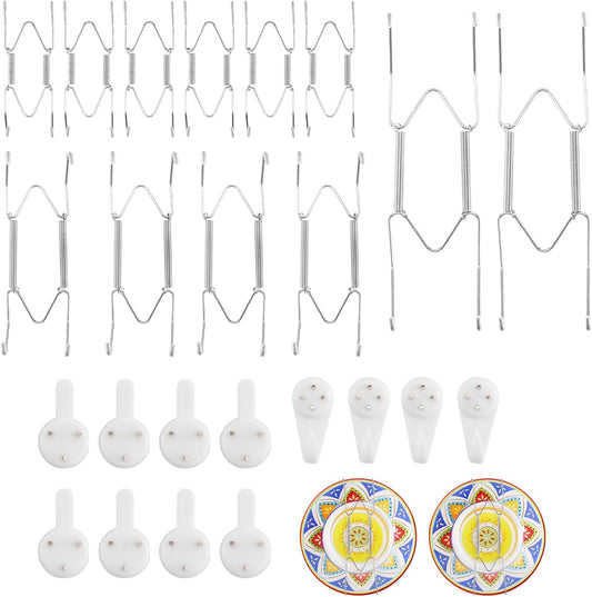 12 Pack 4/6/8 Inch Decorative Plate Medium Plate Hangers for The Wall, Invisible Stainless Steel Plate Wall Hangers for Display with Wall Hooks, for Plates/Platter/Dish/Picture （Silver）