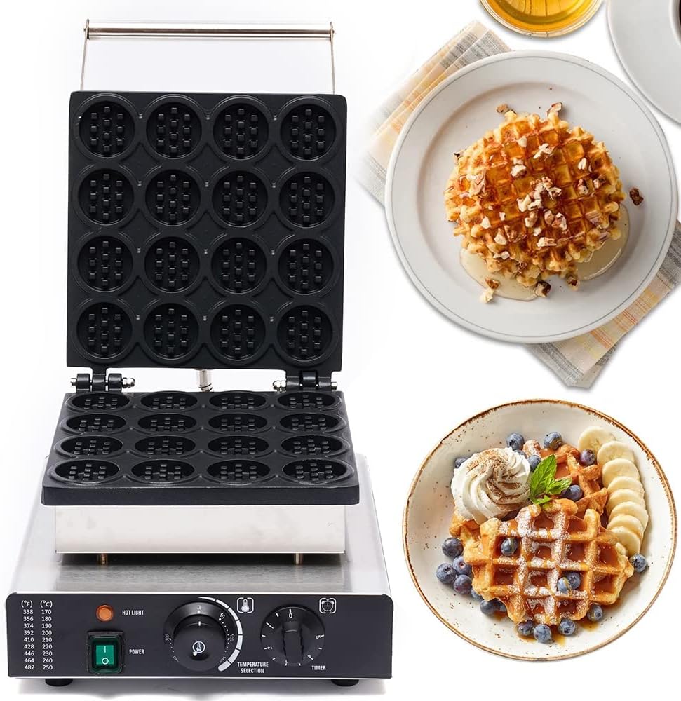1750W Waffle Maker, Stainless Steel Mini Waffle Iron Maker Machine Waflera Electrica 16-Grid Waffle Baker Commercial with Time Temperature Control 50~300℃ for Family Gatherings, Parties