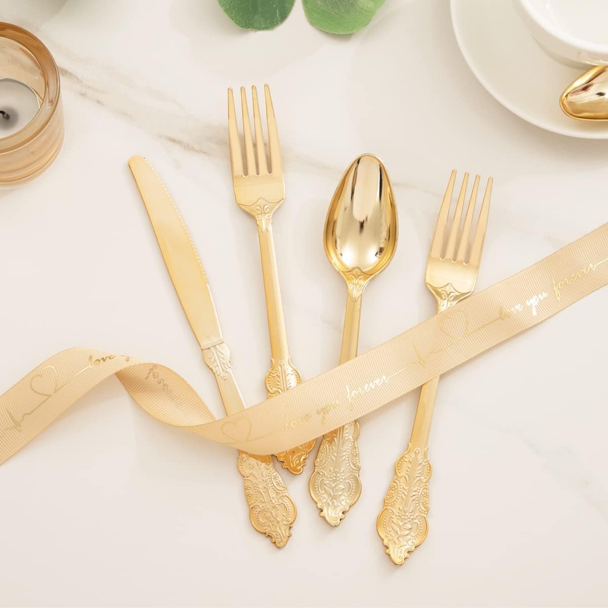 WDF 200 Pieces Gold Plastic Silverware Disposable - 50 Guests Heavy Duty Thanksgiving Gold Plastic Cutlery - Disposable Utensils Includes 100 Forks, 50 Spoons, 50 Knives Perfect for Party/Weeding