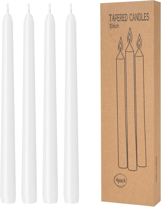 4 Pack White Taper Candles - Taper Candles 10 Inch Dripless, Smokeless & Unscented - 8 Hours Long Burning - Hand Poured Tall Candlesticks - Ideal for Weddings, Dinner Parties, and Home Decor