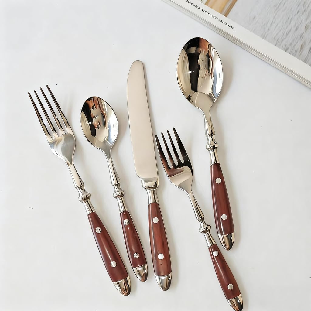 Silverware Set For 8 with Two Rivets, Vintage 40-Piece Everyday Flatware Set with Wood Grain Bakelite Handle, Stainless Steel Cutlery Set, Dishwasher Safe, Knives Spoons and Forks Set