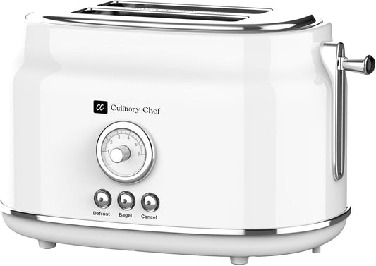 CULINARY CHEF, 2 Slice Toaster, Retro Style, Wide Slot for Bread, English Muffins, Croissants, and Bagels, 6 Adjustable Toast Settings, Cancel and Defrost, 900w, White