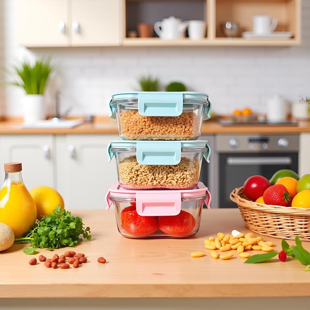 8PC Square Glass Containers With Lids, Glass Square Meal Prep Containers Set, 2 Cup Clear Small Food Containers For Soup Snack fruit, Microwave, Dishwasher, Freezer Safe - (4 color)