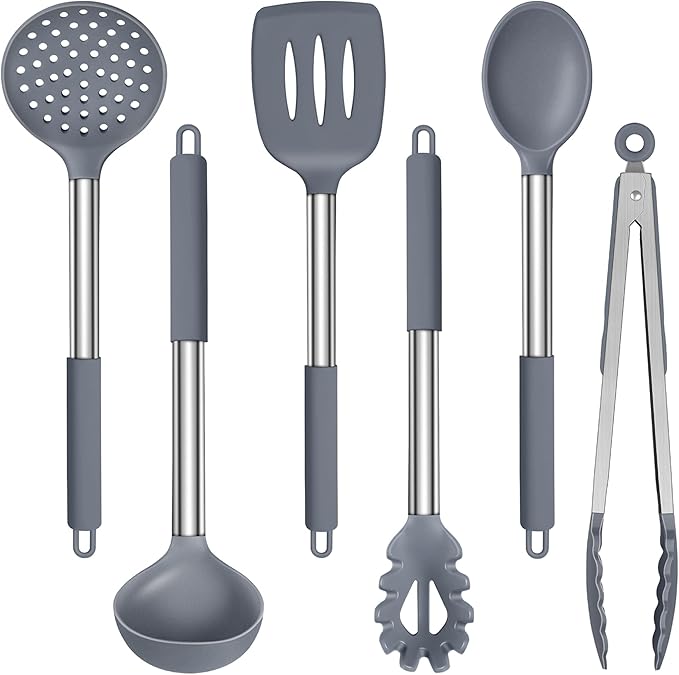 LIANYU Silicone Cooking Utensil Set, 6Pcs Heat Resistant Kitchen Utensils Set, Non-stick Stainless Steel Handle Spatula Tools, Dishwasher Safe, Grey