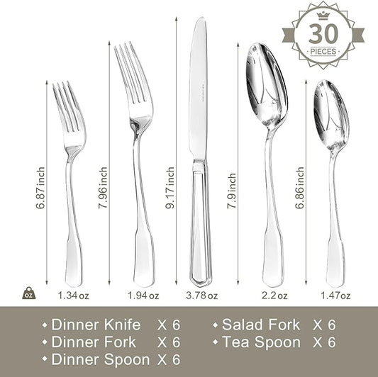 HIKAA Premium Silverware Set, Stainless Steel Flatware Set with Wide-Based Handles for Comfort & Durability, Forks & Spoons Cutlery Silverware Set (30PCS)