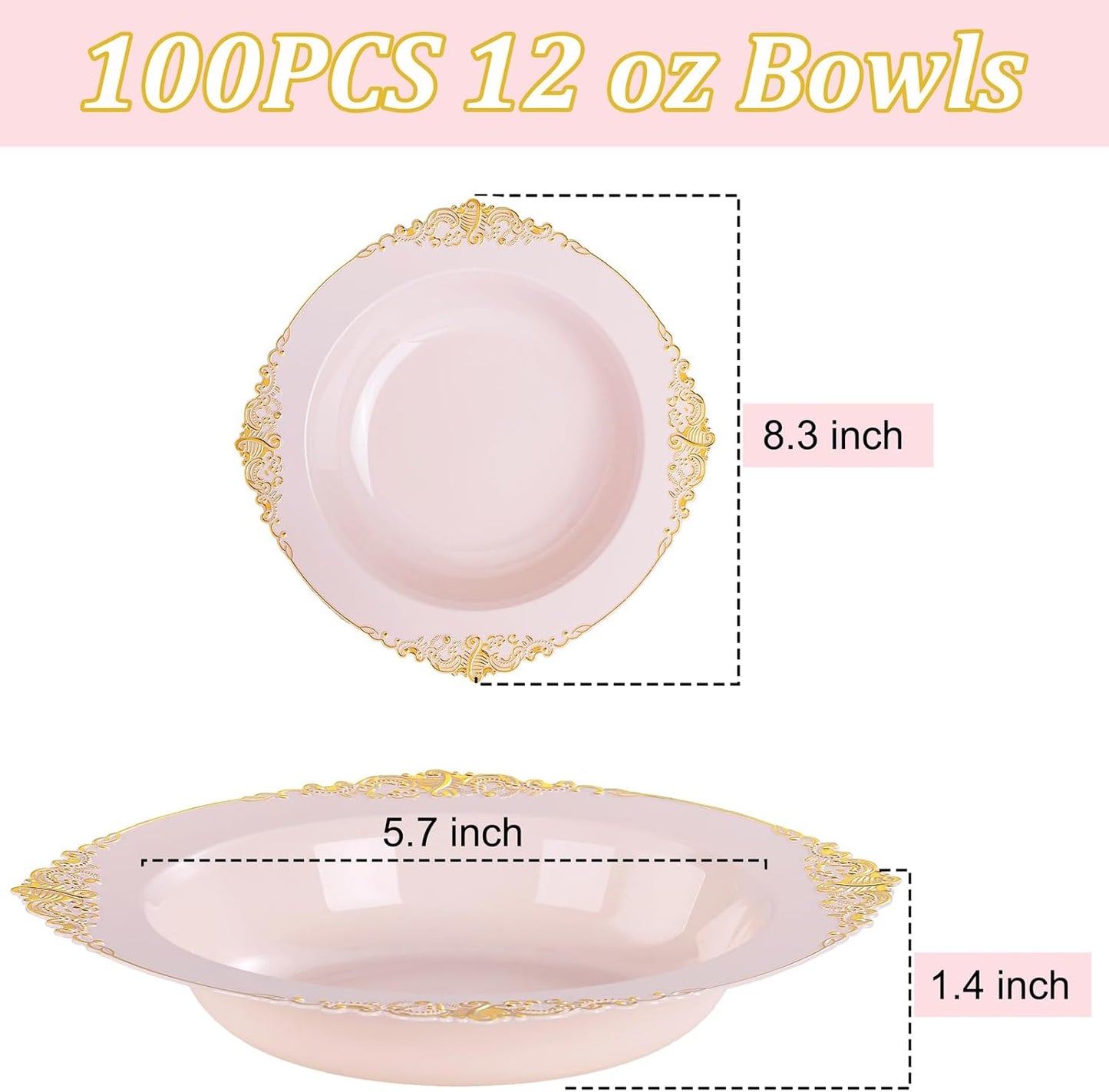 100PCS Pink Plastic Bowls - 12 oz Pink Gold Disposable Salad Bowls - Heavy Duty Disposable Soup Bowl - Fancy Plastic Ice Cream Bowl for Weddings Parties Dinners Picnics
